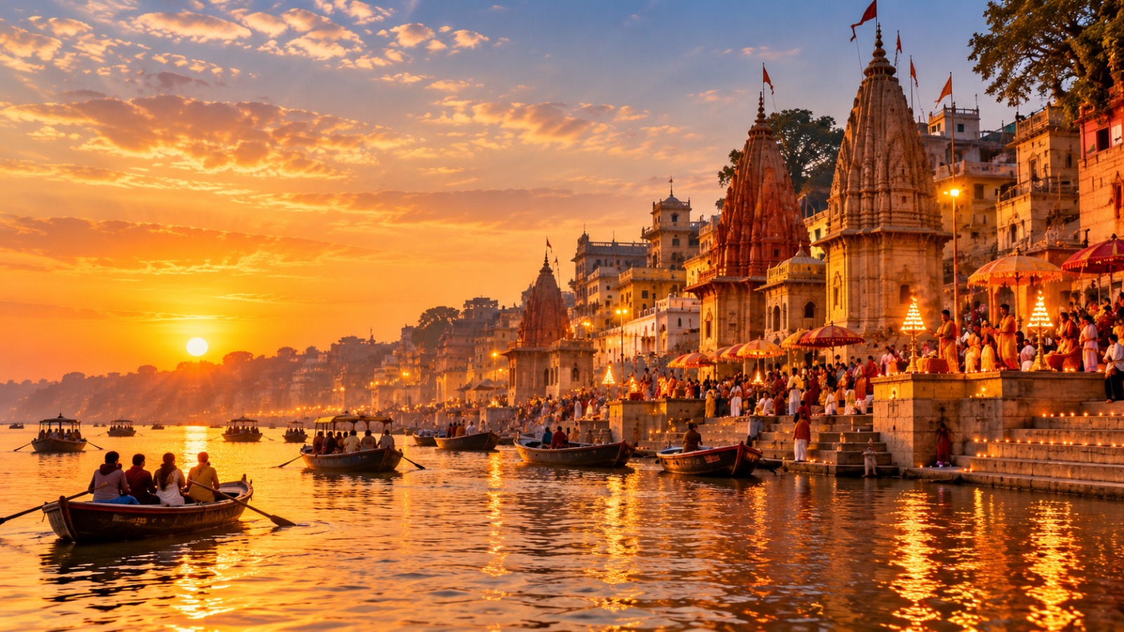Varanasi ghats along the Ganga illuminated with di